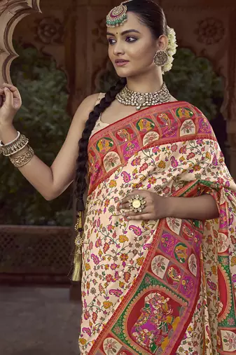 cream floral zaal print patola saree
