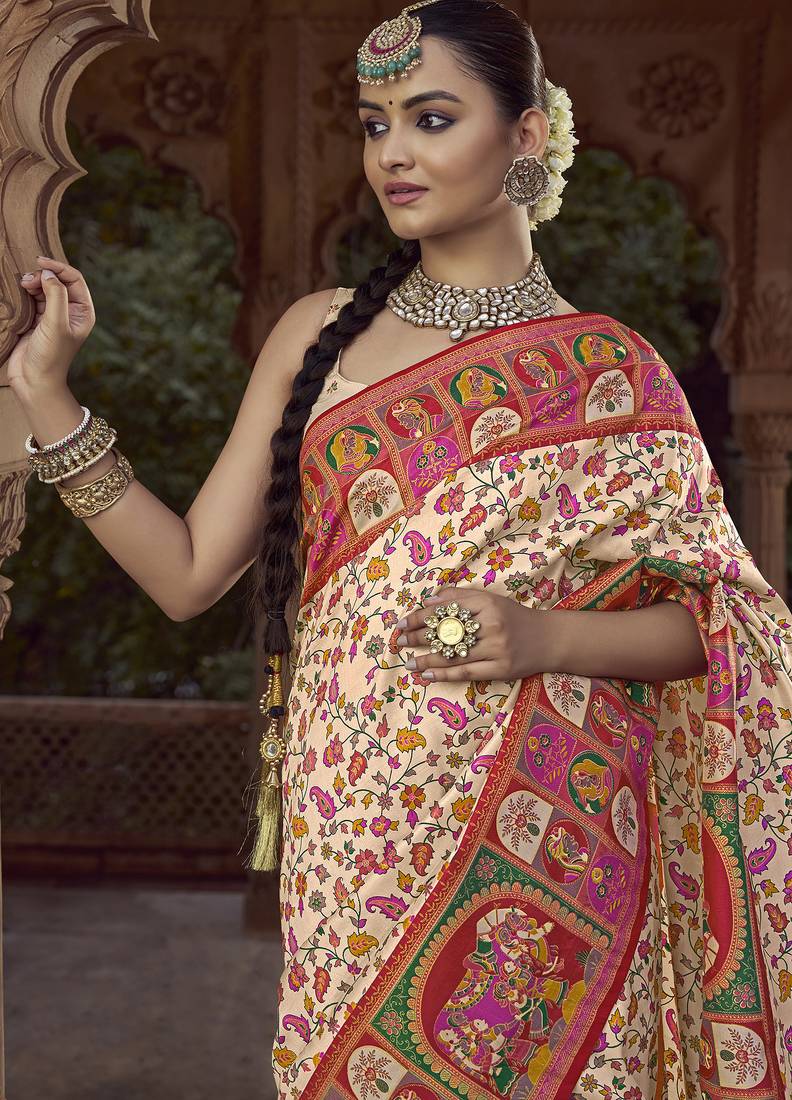 cream floral zaal print patola saree