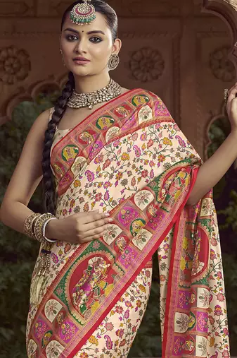 cream floral zaal print patola saree