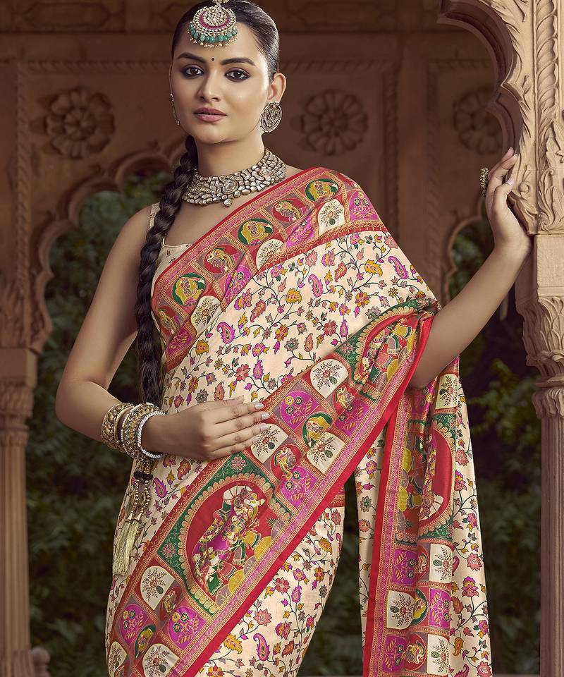 cream floral zaal print patola saree