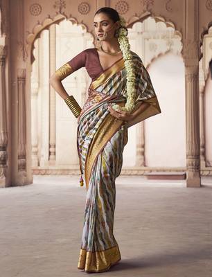 off white  soft silk blend madhubani digital printed saree 1