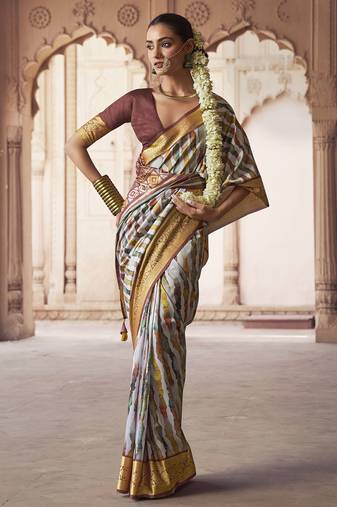 off white  soft silk blend madhubani digital printed saree