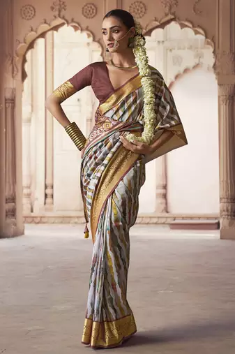 off white  soft silk blend madhubani digital printed saree