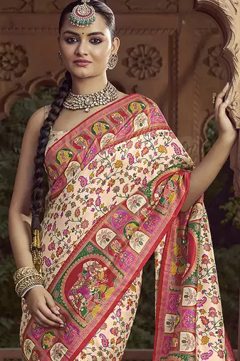 cream floral zaal print patola saree