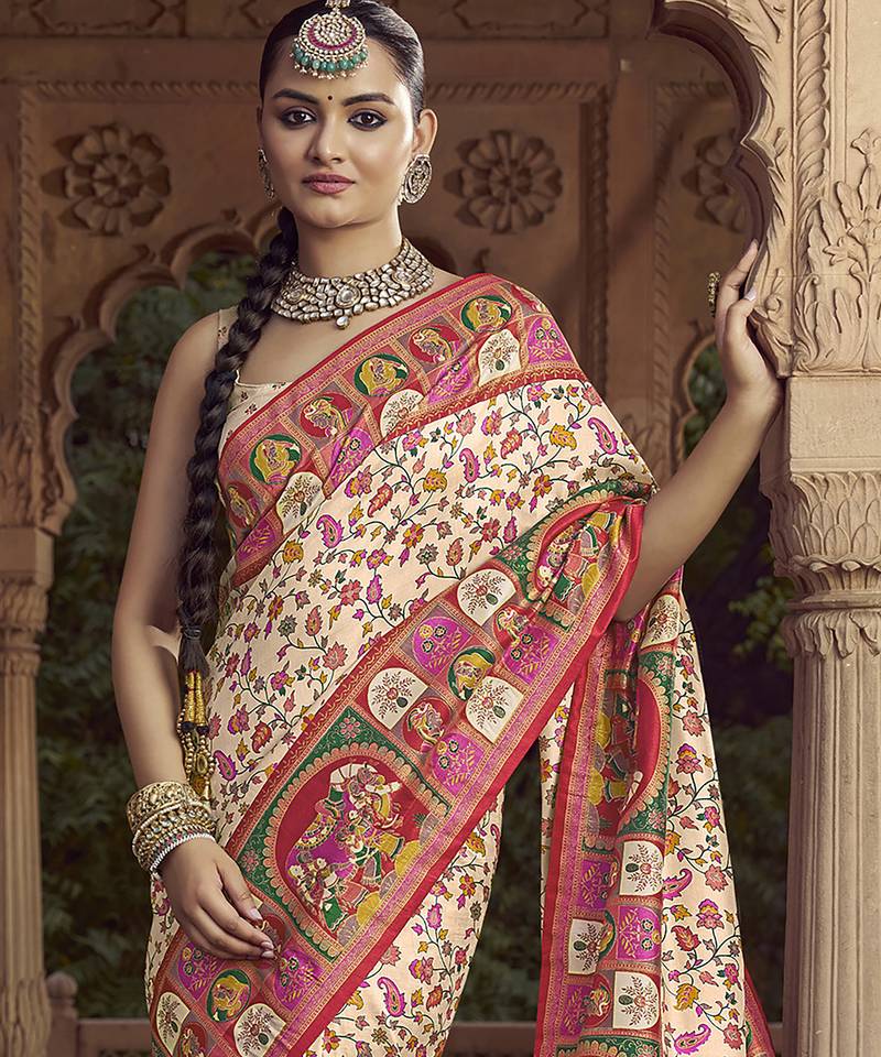 cream floral zaal print patola saree