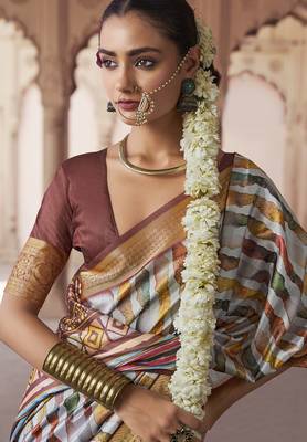 off white  soft silk blend madhubani digital printed saree 2
