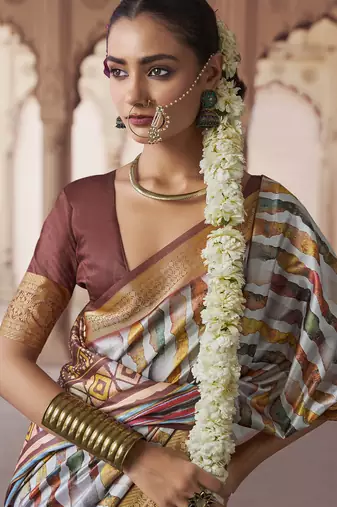 off white  soft silk blend madhubani digital printed saree