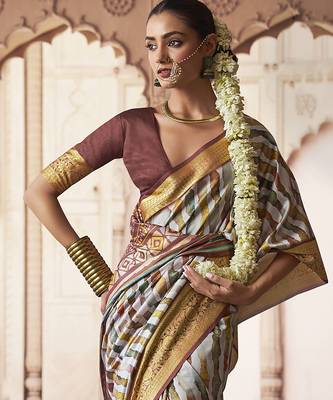 off white  soft silk blend madhubani digital printed saree 3