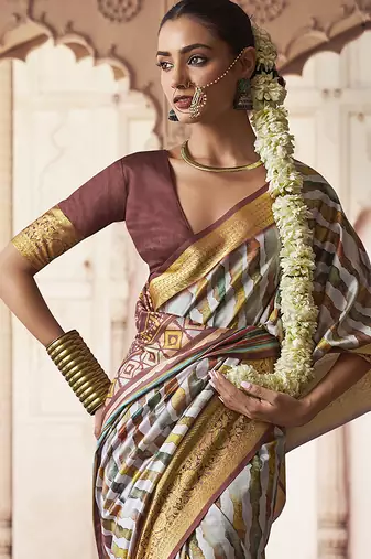 off white  soft silk blend madhubani digital printed saree