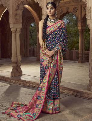 navy blue floral zaal print patola saree 1