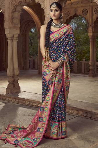 navy blue floral zaal print patola saree