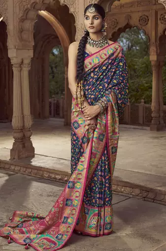 navy blue floral zaal print patola saree