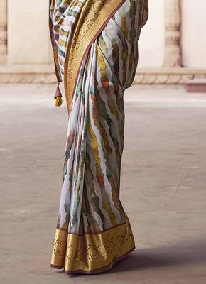 off white  soft silk blend madhubani digital printed saree 4
