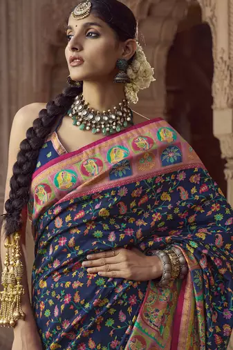 navy blue floral zaal print patola saree