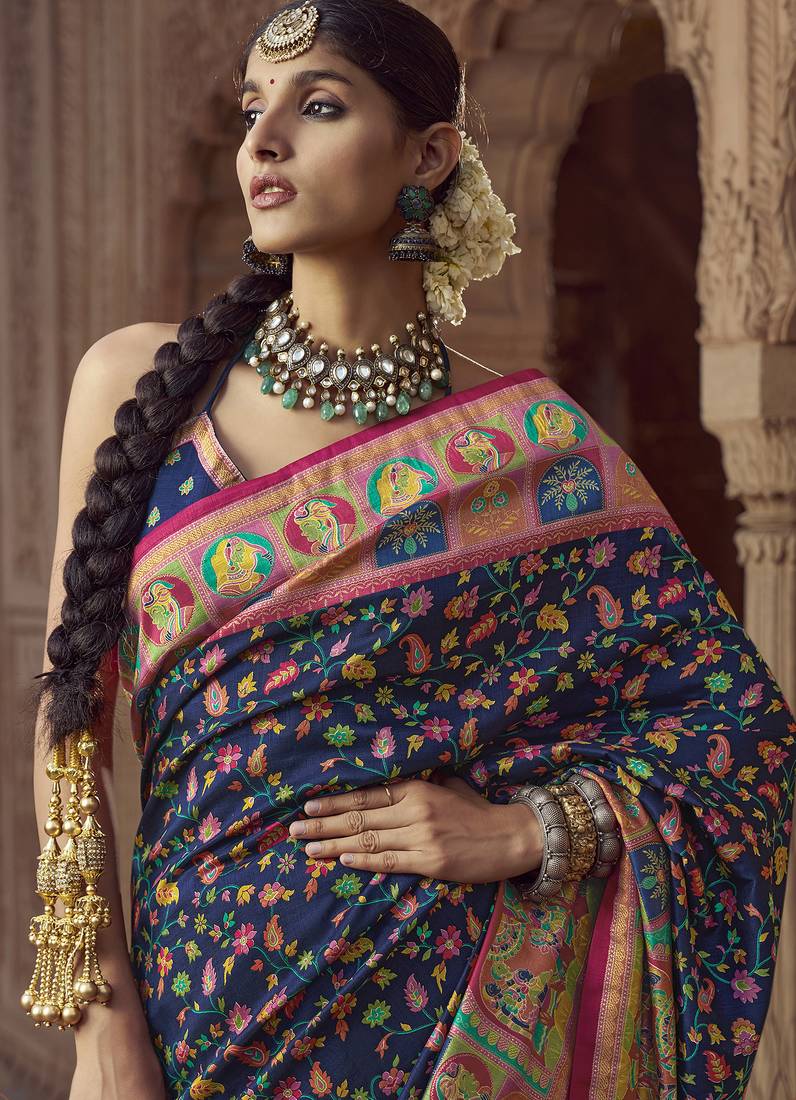 navy blue floral zaal print patola saree