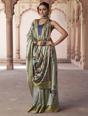 sage green   soft silk blend madhubani digital printed saree 1