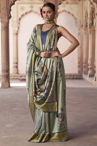 sage green   soft silk blend madhubani digital printed saree