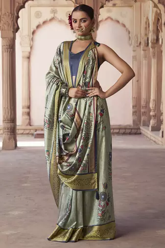 sage green   soft silk blend madhubani digital printed saree
