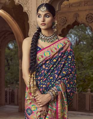 navy blue floral zaal print patola saree 3