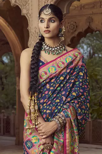 navy blue floral zaal print patola saree