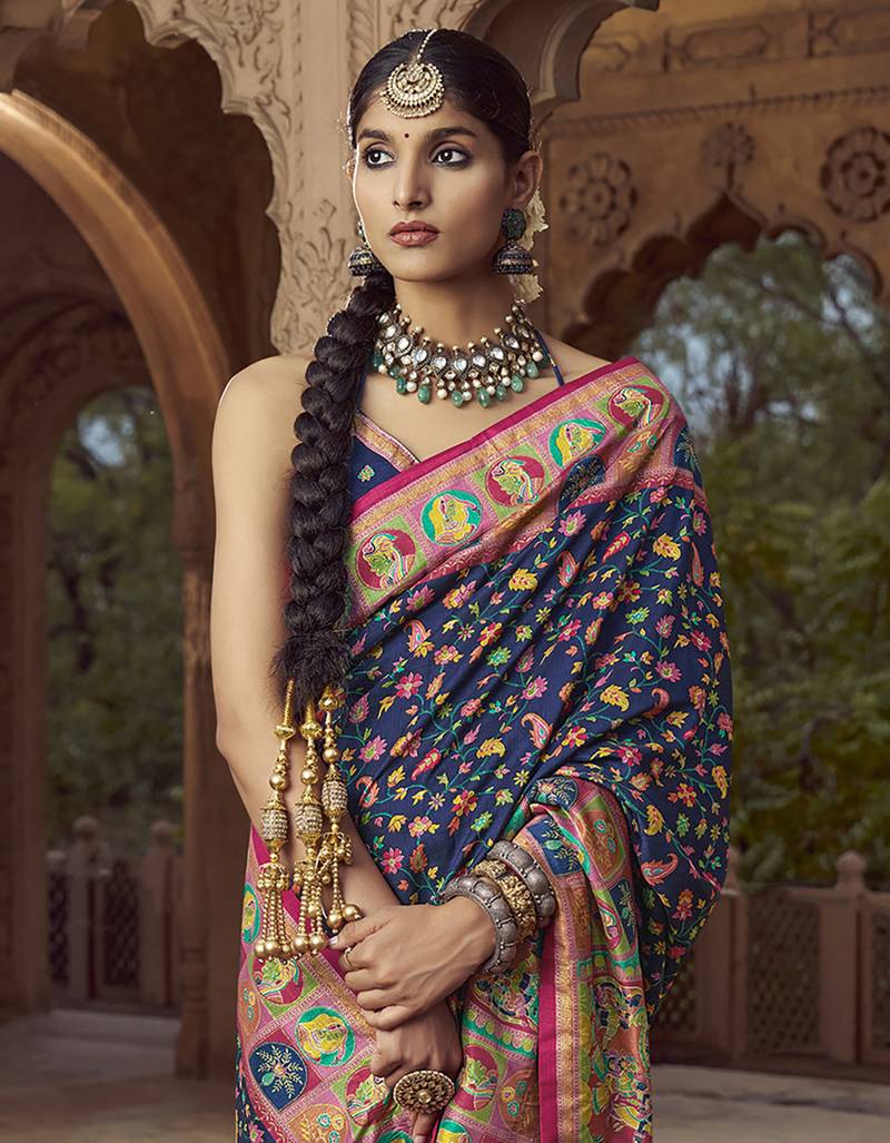 navy blue floral zaal print patola saree