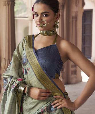 sage green   soft silk blend madhubani digital printed saree 2