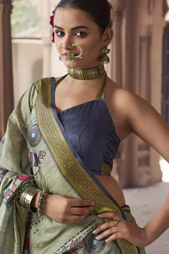 sage green   soft silk blend madhubani digital printed saree