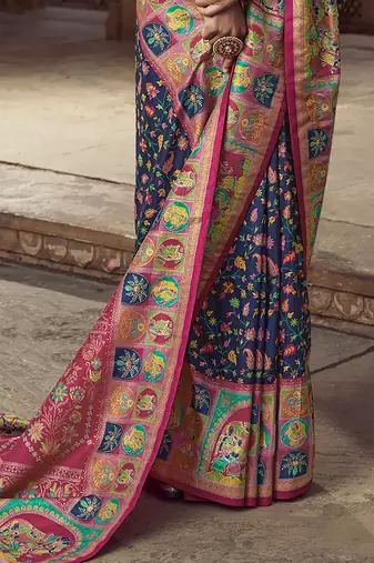 navy blue floral zaal print patola saree