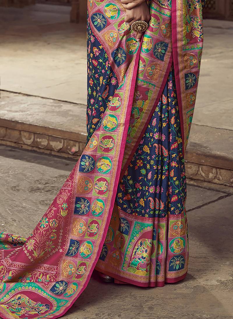 navy blue floral zaal print patola saree