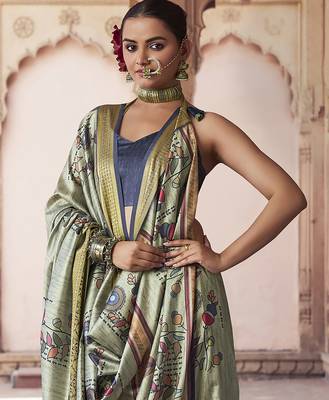sage green   soft silk blend madhubani digital printed saree 3