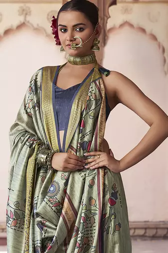 sage green   soft silk blend madhubani digital printed saree