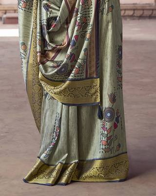 sage green   soft silk blend madhubani digital printed saree 4