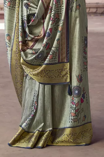 sage green   soft silk blend madhubani digital printed saree