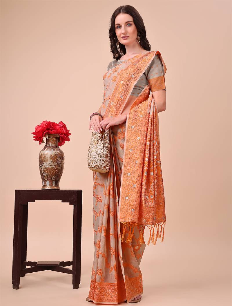 orange color cotton woven design saree with blouse