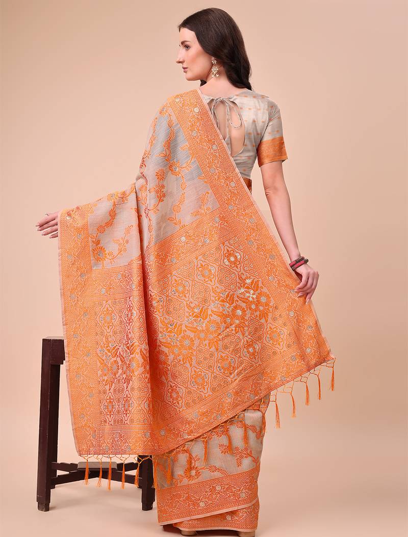 orange color cotton woven design saree with blouse