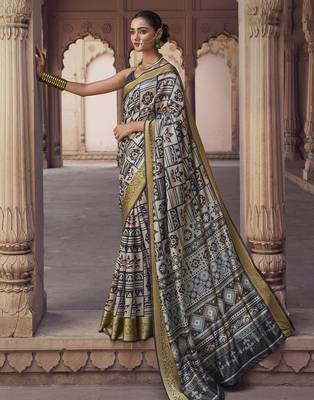 grey soft silk blend madhubani digital printed saree 1