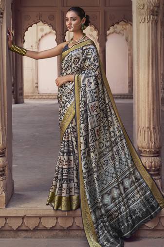 grey soft silk blend madhubani digital printed saree