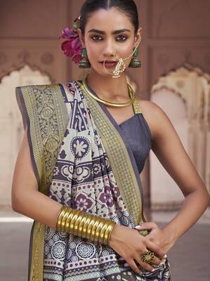 grey soft silk blend madhubani digital printed saree 2