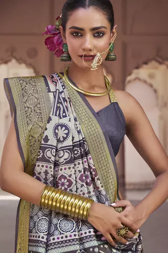 grey soft silk blend madhubani digital printed saree