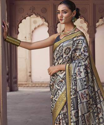 grey soft silk blend madhubani digital printed saree 3