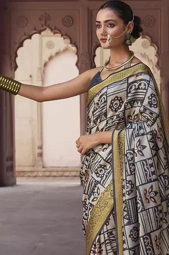 grey soft silk blend madhubani digital printed saree