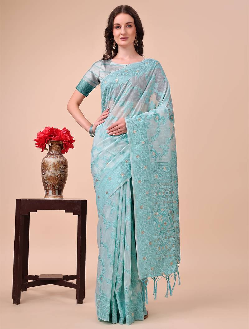 sky blue color cotton woven design saree with blouse