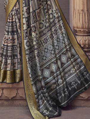 grey soft silk blend madhubani digital printed saree 4