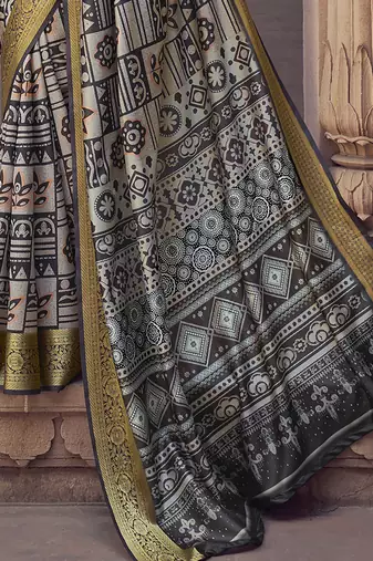 grey soft silk blend madhubani digital printed saree