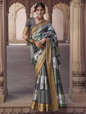 grey soft silk blend madhubani digital printed saree 1