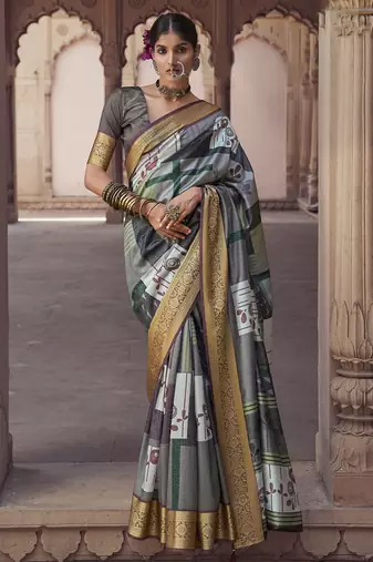 grey soft silk blend madhubani digital printed saree