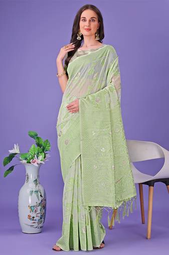 light green color linen cotton woven saree with blouse