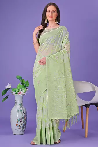 light green color linen cotton woven saree with blouse