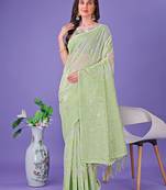 light green color linen cotton woven saree with blouse