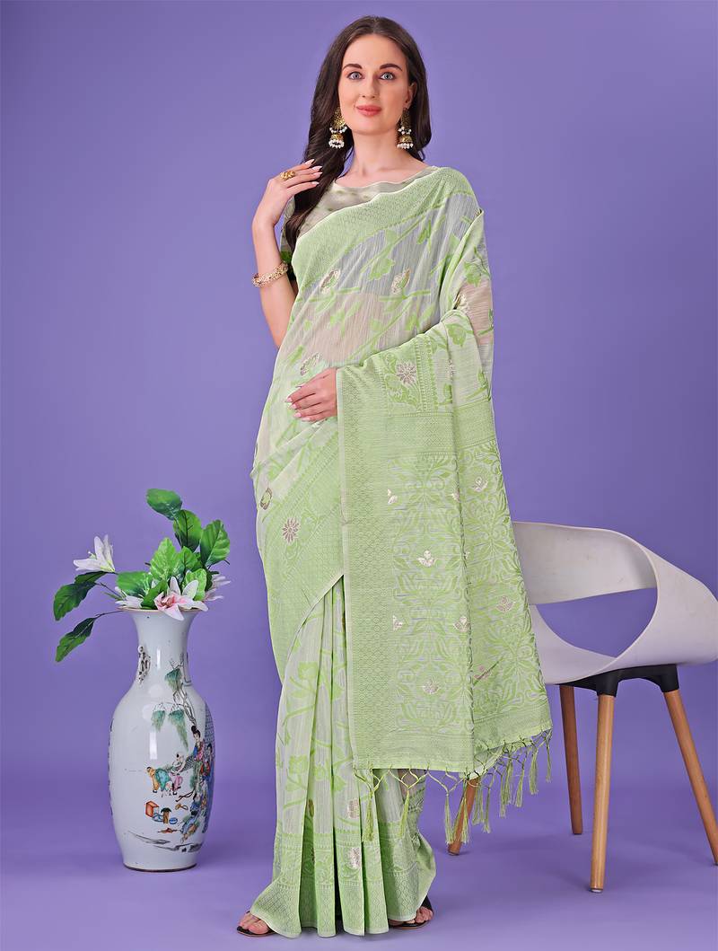 light green color linen cotton woven saree with blouse
